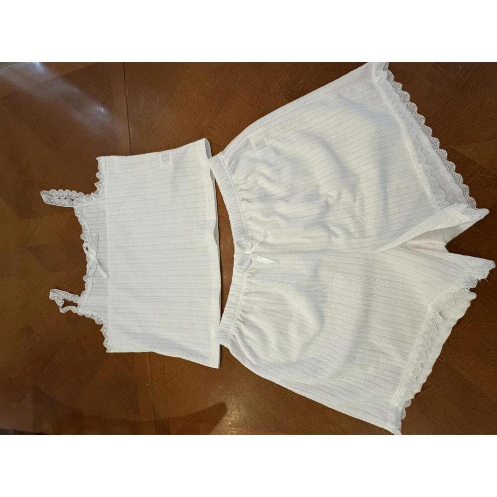Shein White Knit Two-Piece Lounge Set with Lace Trim